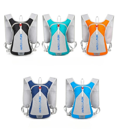 Ultralight waterproof hydration backpacks in black, teal, orange, blue, and gray for outdoor running and cycling.