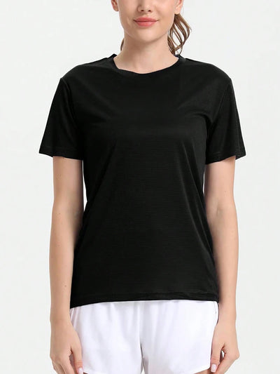 Women's black ultralight quick dry sport t-shirt, breathable and lightweight for running and gym activities.