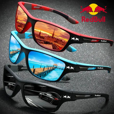 Red Bull polarized sunglasses in various colors, ideal for outdoor activities like fishing, driving, and hiking.
