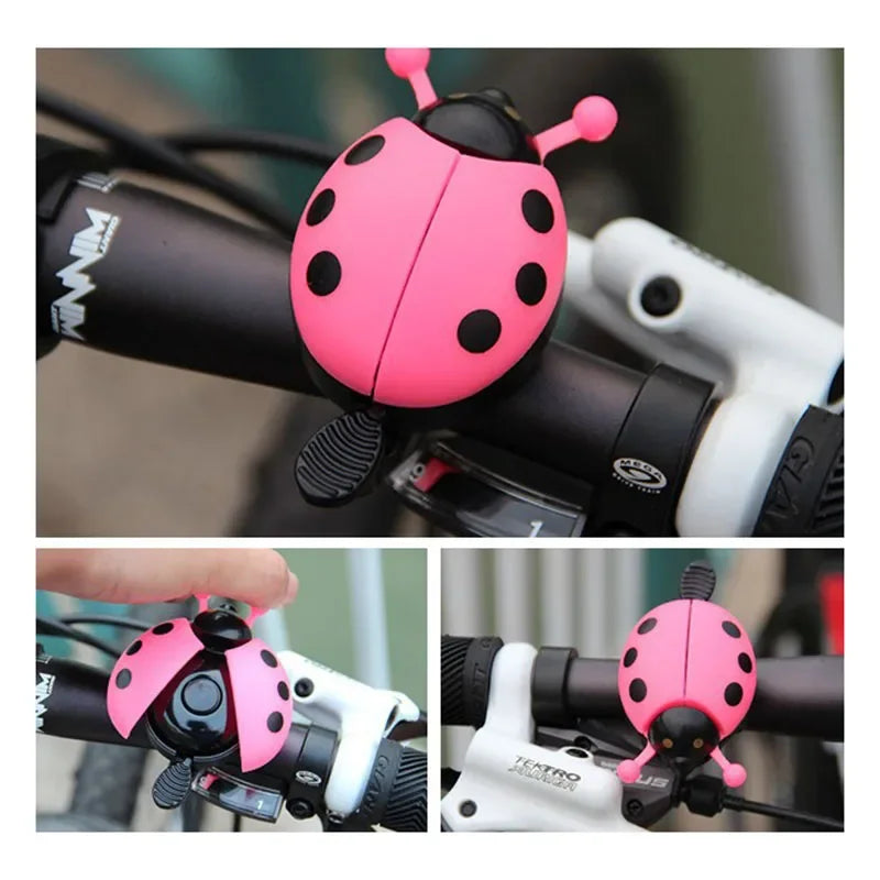 Cartoon ladybug bike bell in pink for kids' bicycles, cute mini bicycle horn for girls, made of plastic and aluminum alloy.