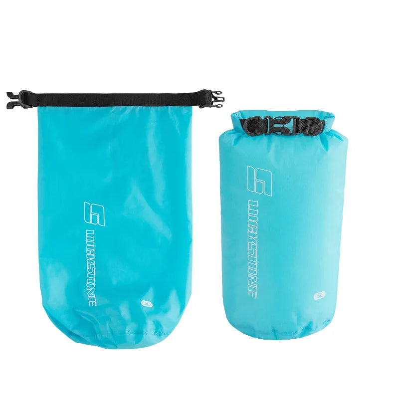 Two ultralight waterproof dry bag sacks in bright blue, perfect for drifting, swimming and storing clothes.