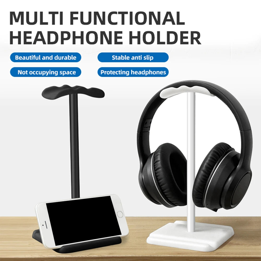 Multi-functional headphone holder with mobile phone stand, durable, space-saving design for protecting headphones.