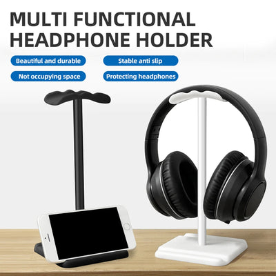 Multi-functional headphone holder with mobile phone stand, durable, space-saving design for protecting headphones.