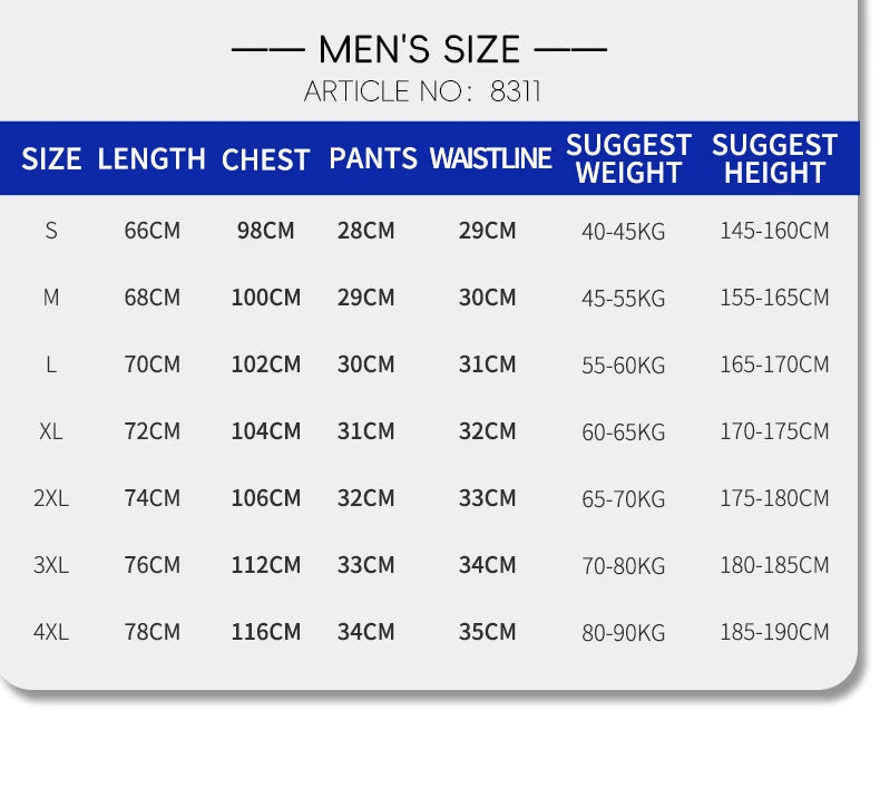 Size chart for ATAGOESC unisex marathon running suit showing men's measurements in centimeters.