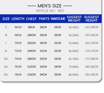 Size chart for ATAGOESC unisex marathon running suit showing men's measurements in centimeters.