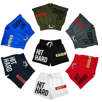 Variety of men's breathable gym shorts in multiple colors with 'HIT HARD' print, perfect for running and sports.