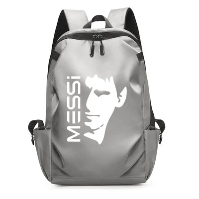 Grey Messi backpack for unisex college students with USB port and stylish design.