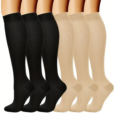 6 pairs of knee-high compression socks in solid black and skin color for women, ideal for nurses and cycling.