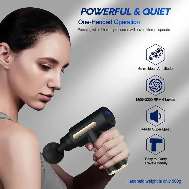 Woman using OUSSIRRO deep tissue massage gun for muscle relaxation, highlighting its quiet operation and portability.