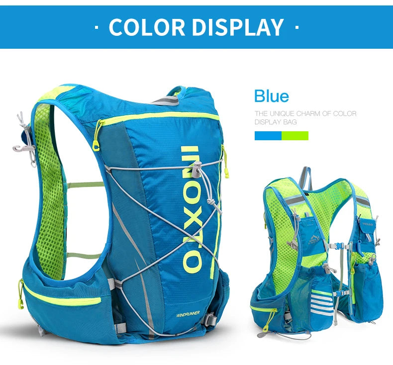 Blue hydration vest backpack with color display for running, cycling, and hiking by Outdoor Inox.