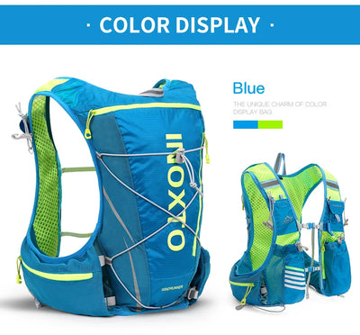 Blue hydration vest backpack with color display for running, cycling, and hiking by Outdoor Inox.