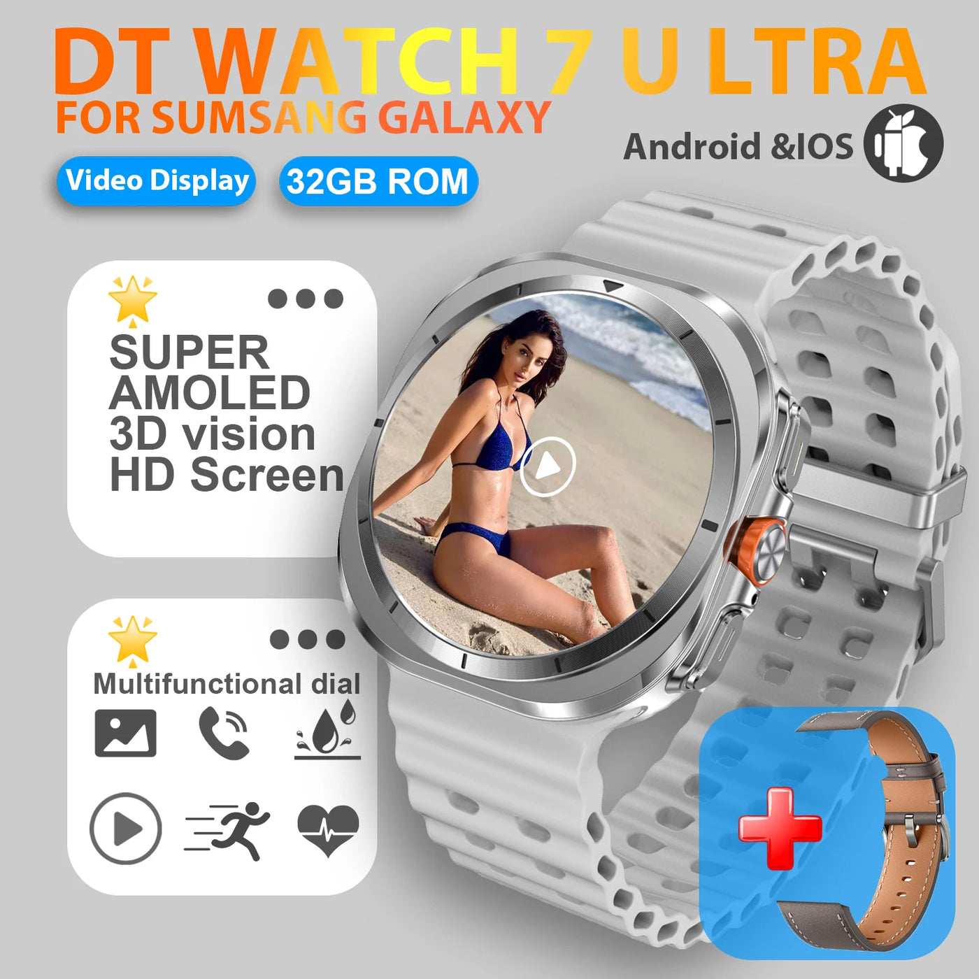 DT Watch 7 Ultra Smartwatch with Super AMOLED 3D display for Samsung Galaxy, featuring 32GB ROM and multifunctional dial.