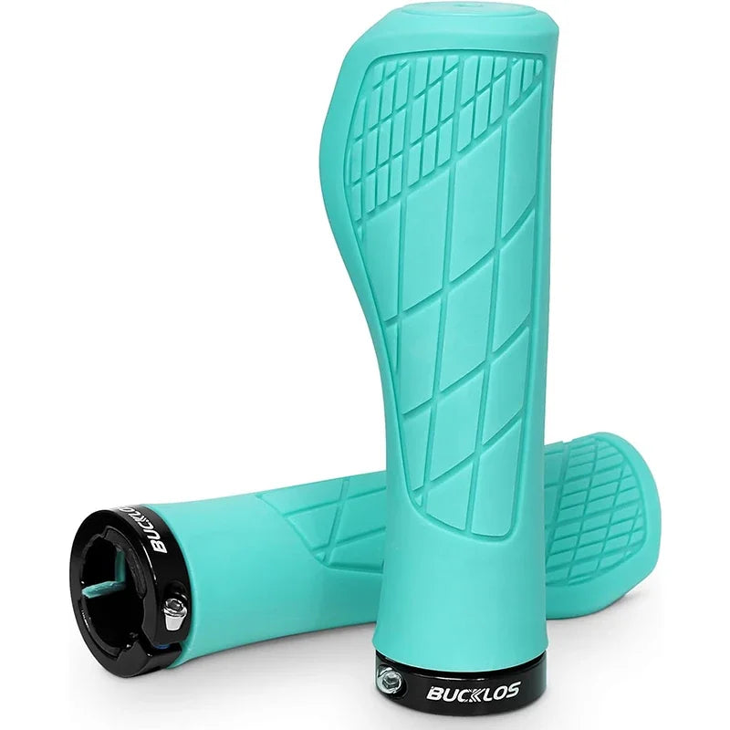 BUCKLOS ergonomic lock-on bike handlebar grips in turquoise soft rubber design for comfort and grip.