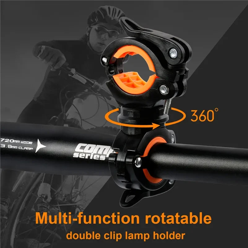 360° rotatable bike light bracket holder for cycling, featuring multi-function double clip design.