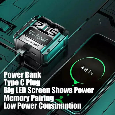 Image of a power bank with Type C plug and LED screen, showcasing power level and features like memory pairing and low consumption.