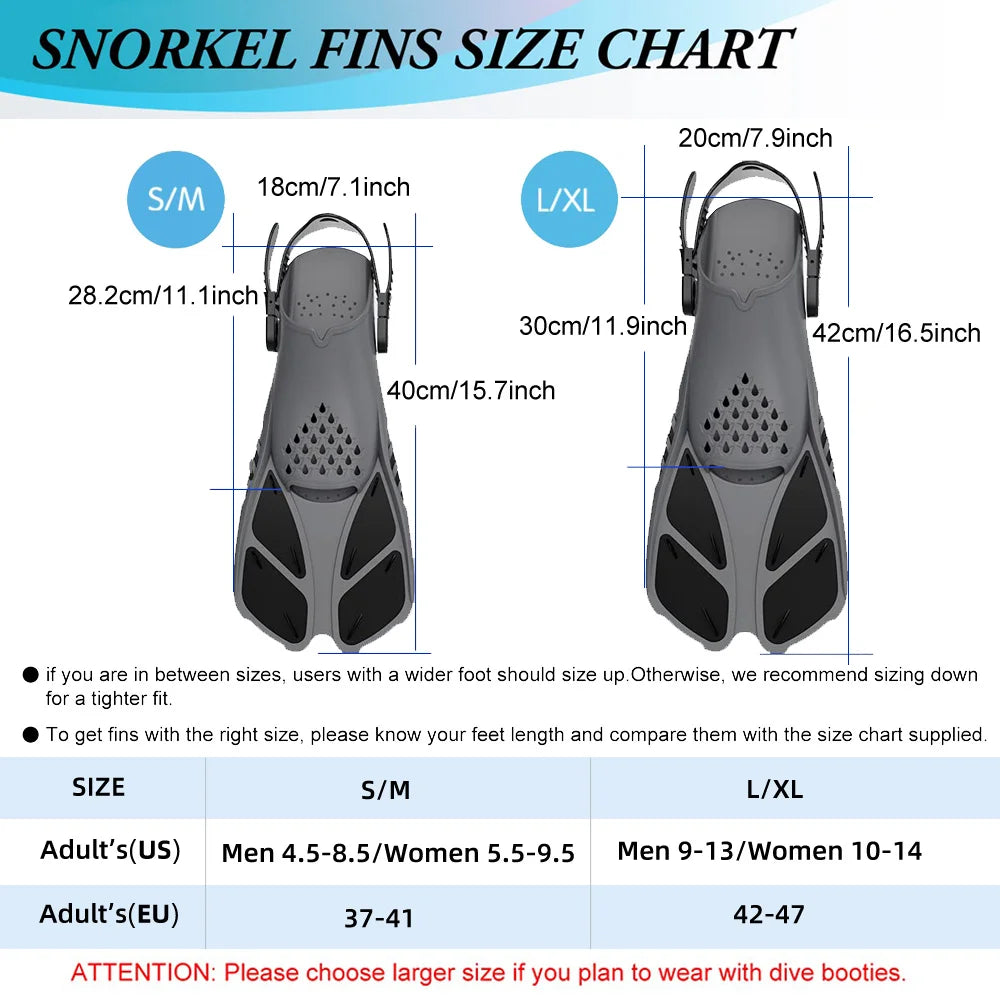 Snorkel fins size chart for adjustable swimming flippers, showcasing S/M and L/XL sizes for adults.