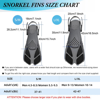 Snorkel fins size chart for adjustable swimming flippers, showcasing S/M and L/XL sizes for adults.