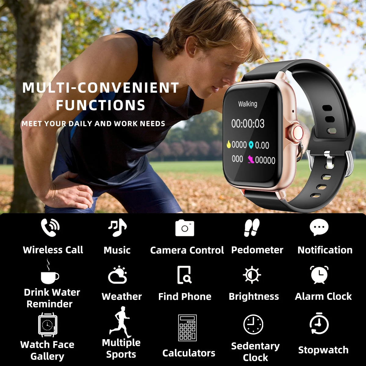 Features of a waterproof smartwatch: wireless call, music, pedometer, alarm clock, and more for daily convenience.