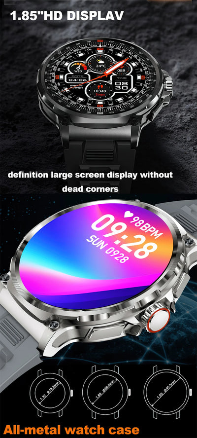 1.85-inch HD display smart watch with all-metal case showcasing large screen and colorful interface.