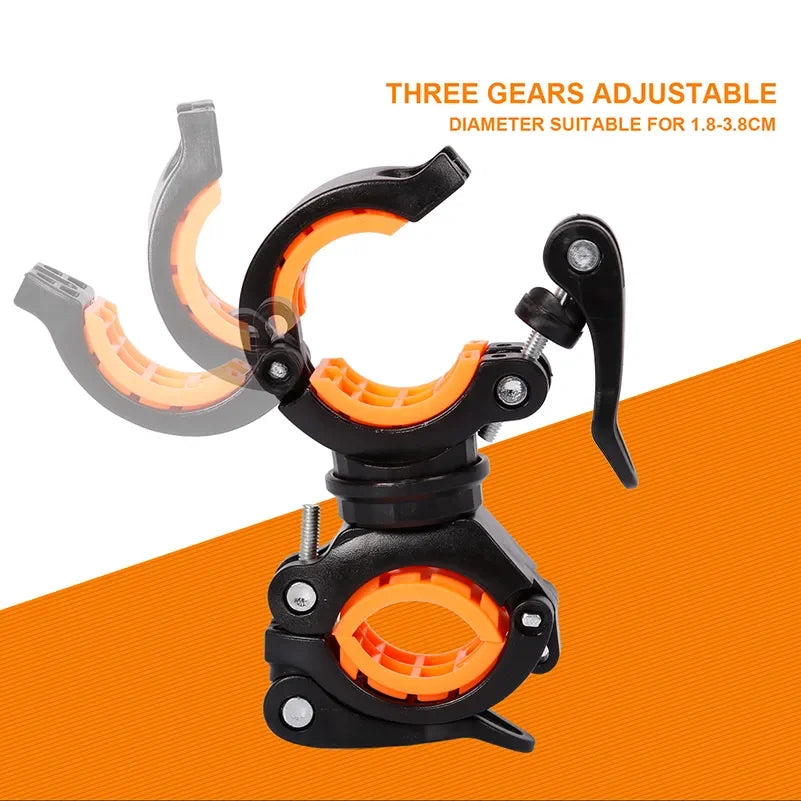 Adjustable bike light bracket with three gears for handlebars, suitable for 1.8-3.8cm diameter, featuring vibrant orange and black design.