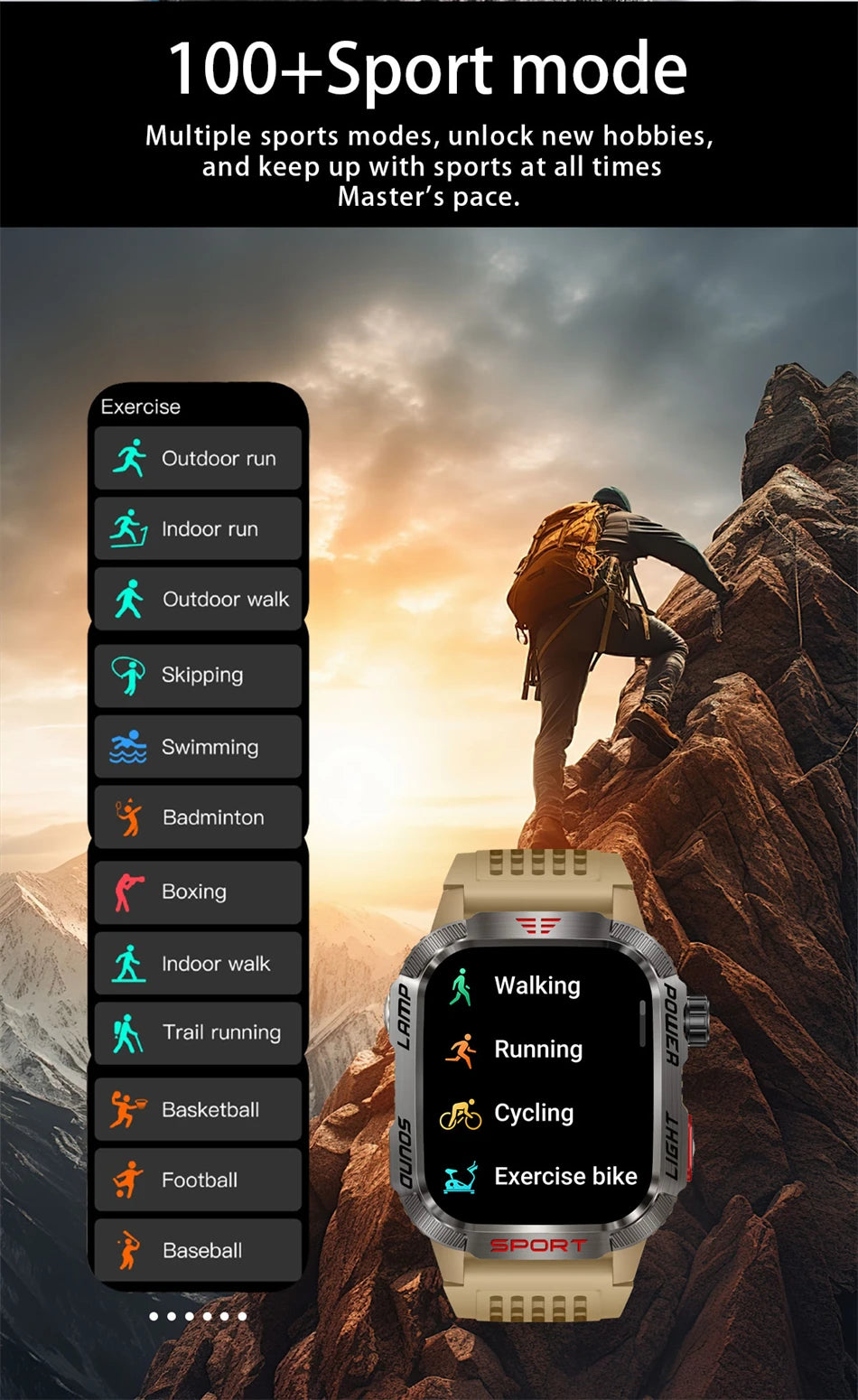 Military GPS smart watch displaying 100+ sport modes for tracking various activities, suitable for outdoor adventures.