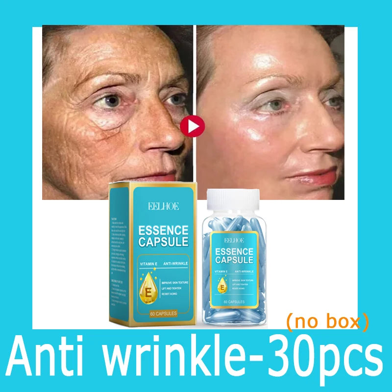 Vitamin E anti-wrinkle essence capsules, showing before and after skin improvement results, 30 pieces, unboxed.