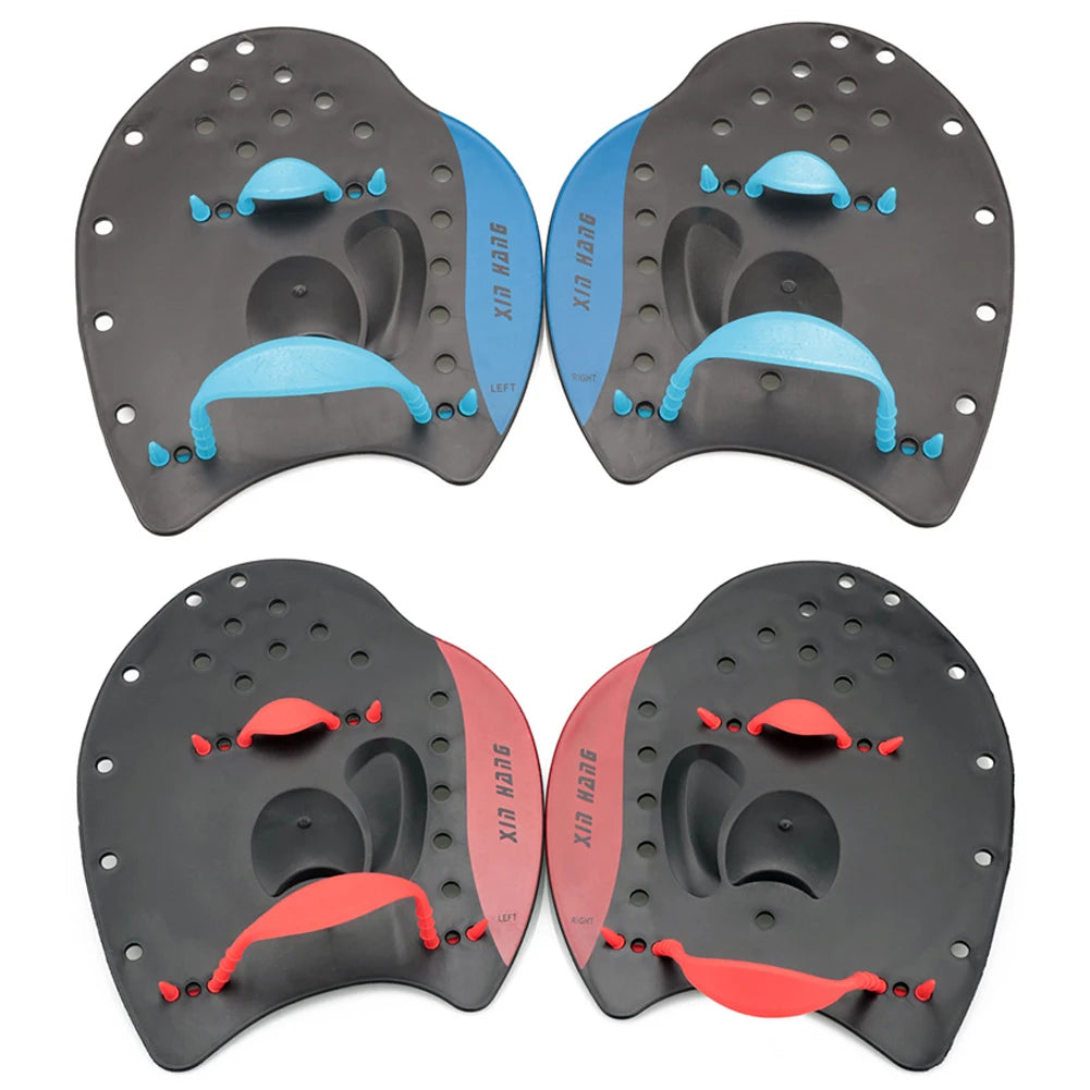 Professional swim paddles with finger webbed gloves, featuring blue and red accents for enhanced swimming technique.