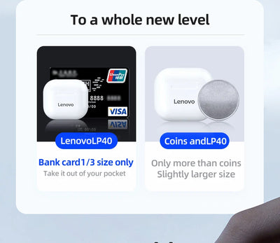 Lenovo LP40 earphones compared in size to a bank card and coins, highlighting their compact design.