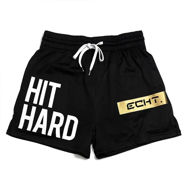 Men's lightweight black gym shorts with 'HIT HARD' text and ECHT logo, perfect for workouts and running.