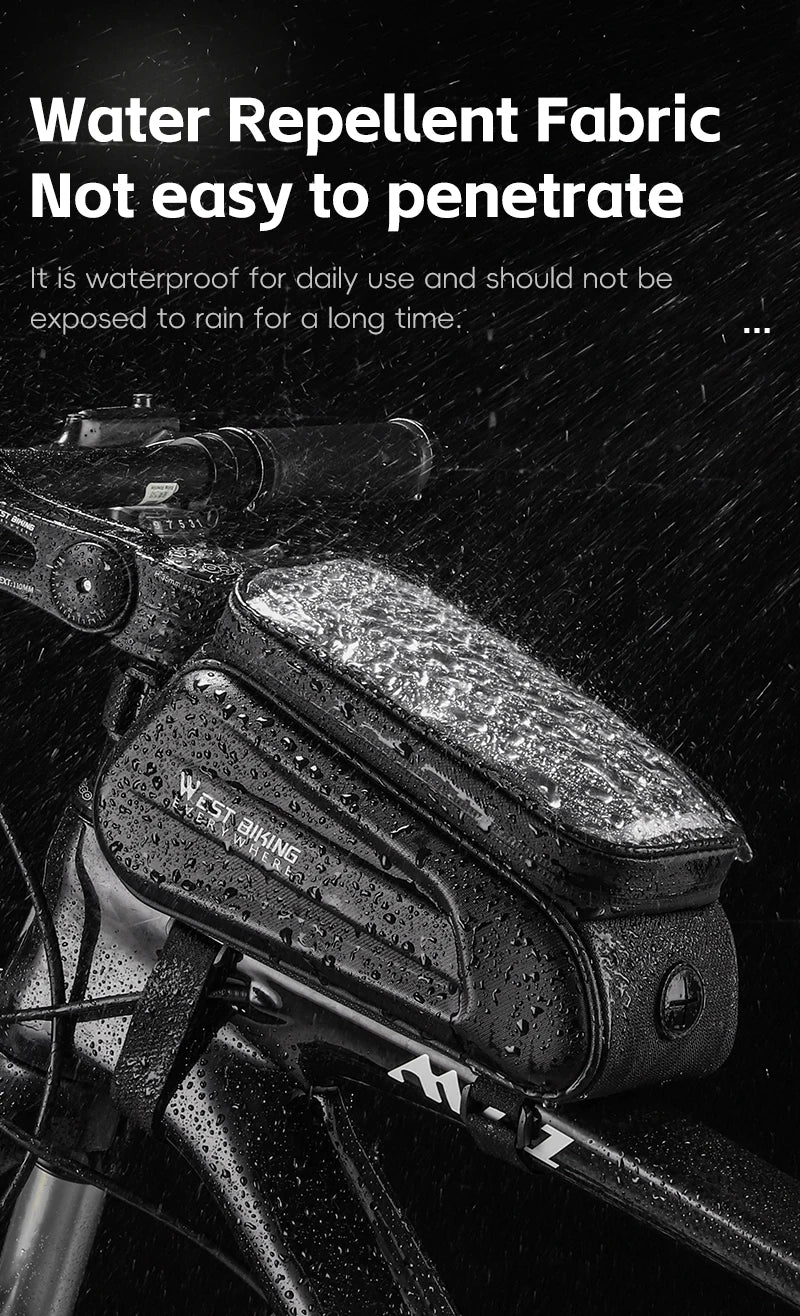 Waterproof West Biking 7" bike phone bag with water-repellent fabric on bicycle, showcasing durability and functionality.