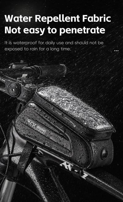 Waterproof West Biking 7" bike phone bag with water-repellent fabric on bicycle, showcasing durability and functionality.
