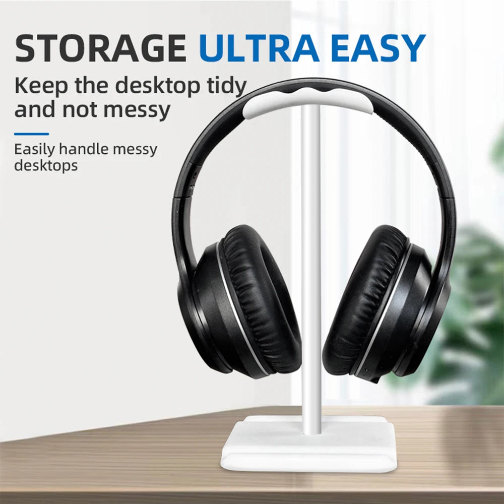 Universal headphone stand for tidy desktops, easily organizes earphones and supports mobile devices.