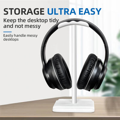 Universal headphone stand for tidy desktops, easily organizes earphones and supports mobile devices.