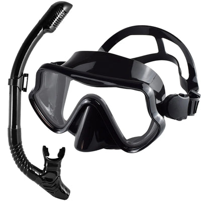 Black scuba diving mask and snorkel set for adults, featuring professional tempered glass for snorkeling and swimming training.