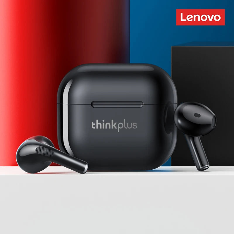 Lenovo thinkplus wireless Bluetooth earphones with charging case in black, showcasing modern design and technology.