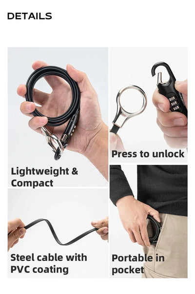 ROCKBROS High-Security Bike Lock features lightweight design, PVC-coated steel cable, and portable convenience for secure storage.