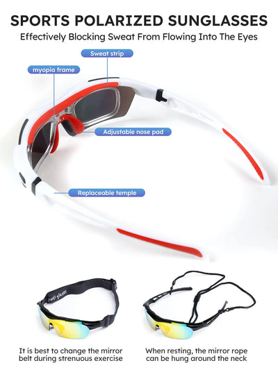 Men’s polarized sports sunglasses with adjustable nose pad and sweat strip, designed for cycling and outdoor activities.