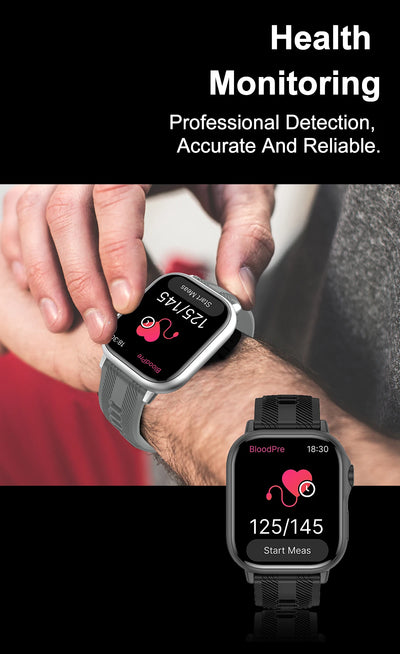 Smart watch with health monitoring features displaying heart rate and blood pressure on screen.