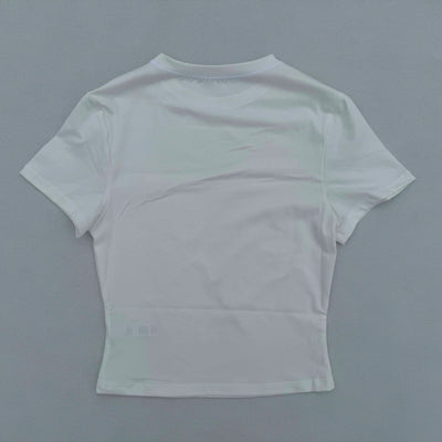 Back view of women's quick-drying, breathable short-sleeved yoga t-shirt in white
