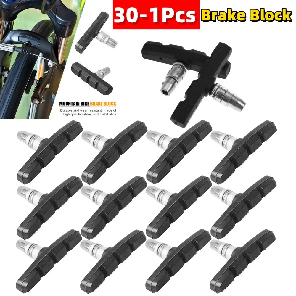 30 Pcs durable rubber V-brake pads for mountain and folding bikes, featuring high-quality alloy construction.