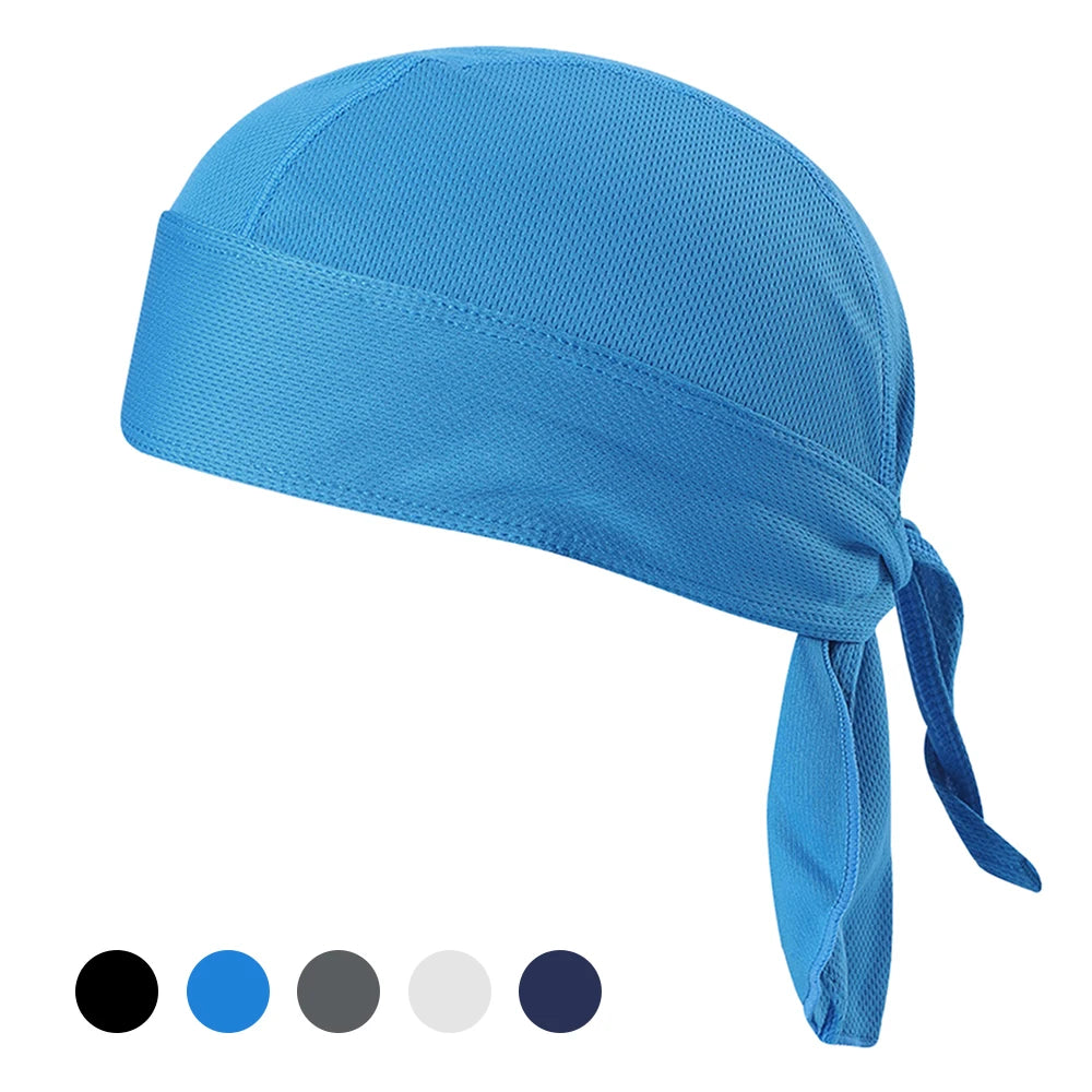 Quick-dry blue cycling headband with tie, ideal for outdoor sports, sweat-wicking and sun protective, available in multiple colors.