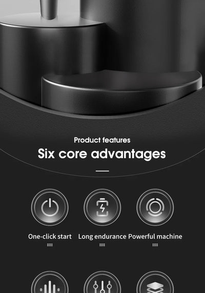 Product features highlighting six advantages of the double-headed massage gun for deep tissue relaxation.