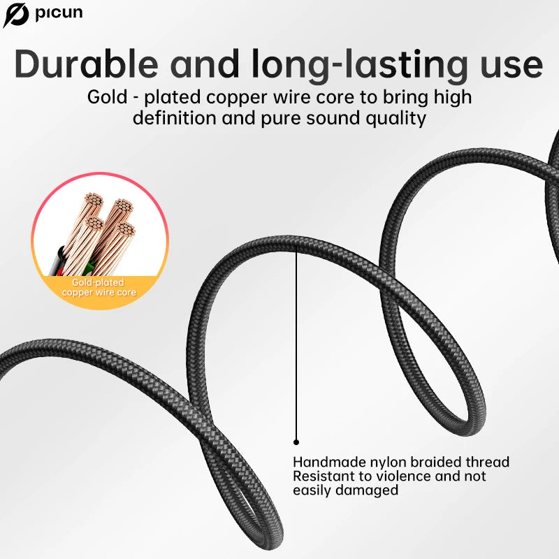 Durable Picun headphone cable with gold-plated copper core and braided nylon thread for high sound quality and longevity.