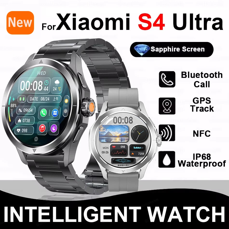 Xiaomi S4 Ultra Smartwatch showcasing sapphire screen, Bluetooth, GPS track, NFC features and IP68 waterproof rating.