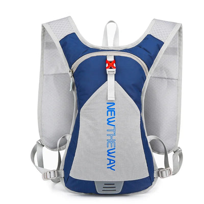 Ultralight waterproof hydration backpack in blue and gray for outdoor running and cycling, designed for unisex use.