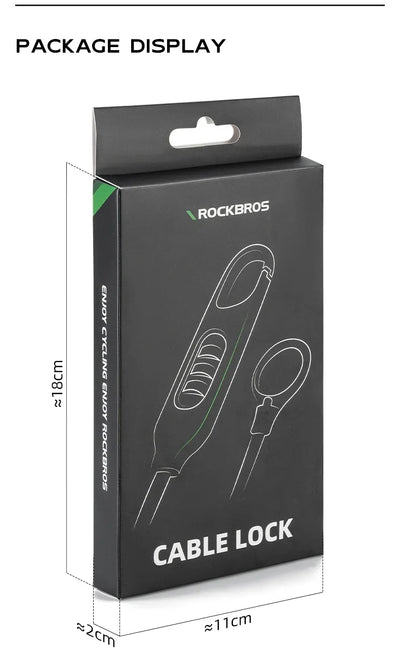 ROCKBROS cable lock package display showcasing secure bike lock design and brand details for theft protection.