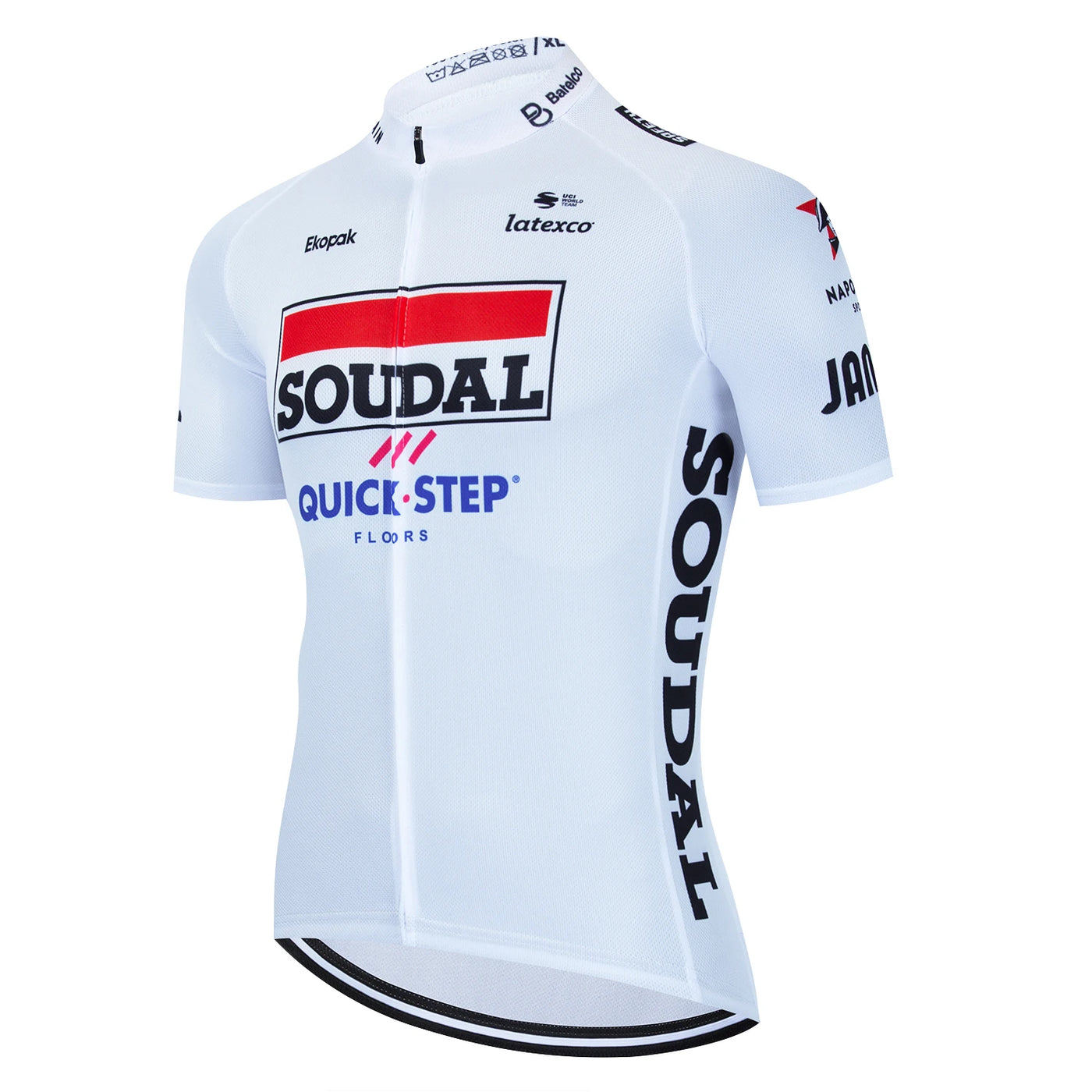SOUDAL Team Men’s Cycling Jersey in white, quick-dry, breathable fabric, perfect for summer biking.