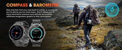Two smartwatches featuring compass and barometer functions, with a hiker navigating a rugged landscape.