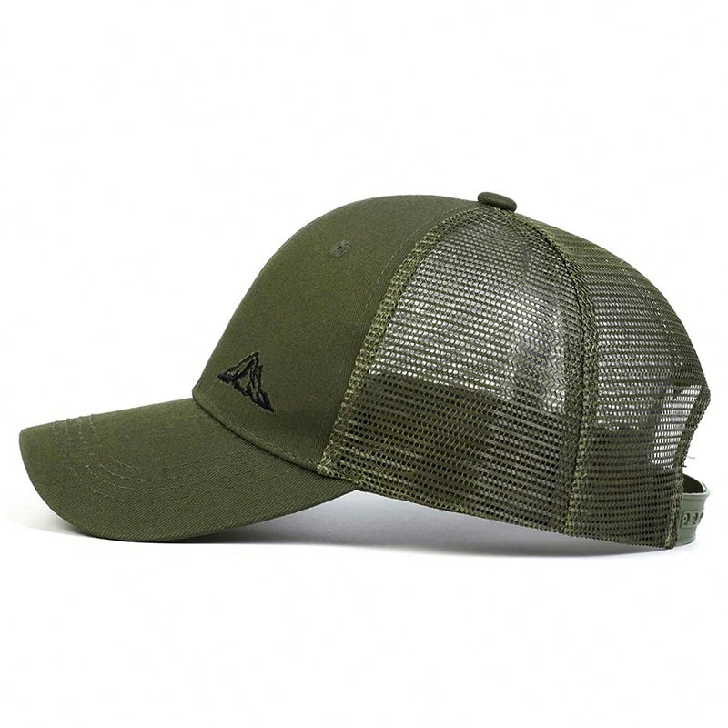 Unisex mountain embroidery baseball cap in olive green, adjustable outdoor sun hat with breathable mesh back.