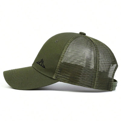 Unisex mountain embroidery baseball cap in olive green, adjustable outdoor sun hat with breathable mesh back.